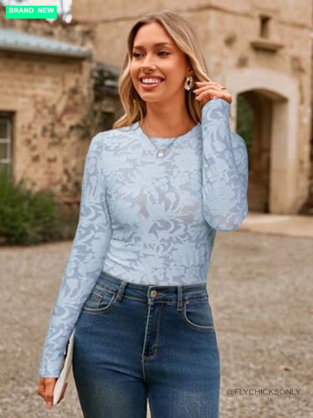 Sheer Mesh Long Sleeve Blouse Lace See Through Sexy Crew Neck Floral Top - Picture 3 of 7